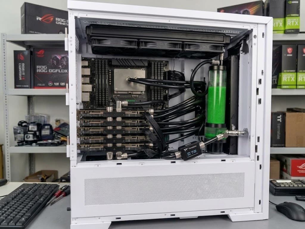 Открытый узел: пять карт RTX 5090 и контур СЖО